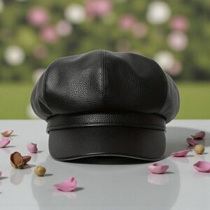 Newsboy Cap Black PU Leather Litchi Leather Pattern